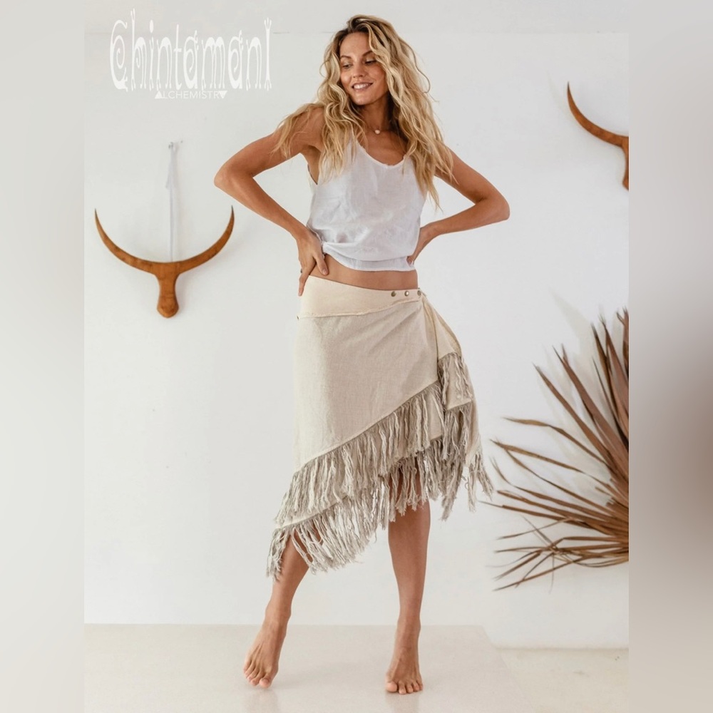 Linen Boho Wrap Skirt with Fringes / Cream